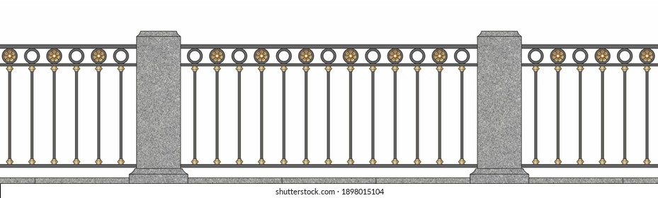Classic wrought iron railings. Gray granite. Isolated. White background.