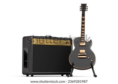 Classical amplifier with electric or acoustic guitar on stand isolated on white background. 3d render of amplifier for recording bass guitar in studio or rehearsal room, concept for rock festival Stock fotó © 