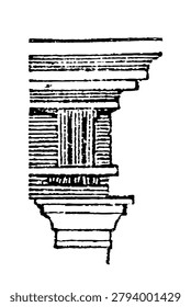 Classical architectural entablature in side elevation, comprising architrave, frieze, cornice, and a column with base and capital, all rendered in precise black linework, old vintage illustration, 1897.