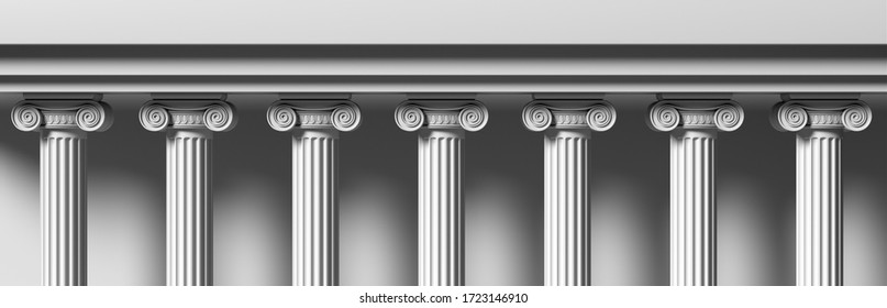 Classical building stone columns. Ionic style marble pillars colonnade, Ancient greek temple facade. 3d illustration