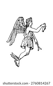 Classical depiction of the winged goddess Iris in flight, holding a caduceus and draped in flowing robes, as a divine messenger from mythology, old vintage illustration, 1897.