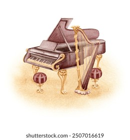 Classical Grand Piano musical instrument. Antique vintage Harp hand drawn composition for tutorial books, concert posters, sheet music or flyers. Watercolor illustration isolated from the background - Powered by Shutterstock