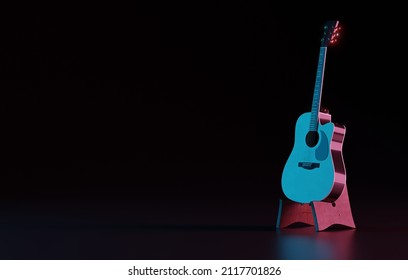 Classical guitar on a stand. Guitar learning or playing concept. Guitar on a dark background. 3d render, 3d illustration.