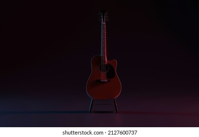 Classical guitar on a stand. Guitar learning or playing concept. Guitar on a dark background. 3d render, 3d illustration.