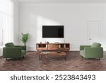 Classical home living room interior with green armchairs. Tv display, sideboard with decoration and books. Entrance door and panoramic window on skyscrapers. 3D rendering