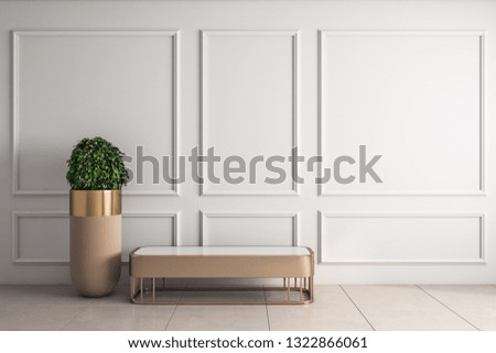 Classical interior with empty white copyspace on wall and decorative pot plant and seat. Mock up, 3D Rendering 