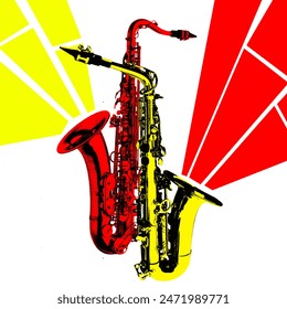 Classical jazz. Red and golden saxophones on white background with colorful elements, Duet. Contemporary art collage. Concept of music, performance, festival. Pop art. Creative design. - Powered by Shutterstock