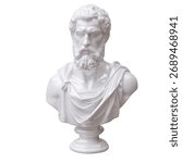 Classical marble head bust statue isolated on white, Ancient greek philosopher sculpture 3d render