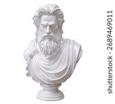 Classical marble head bust statue isolated on white, Ancient greek philosopher sculpture 3d render