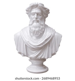Classical marble head bust statue isolated on white, Ancient greek philosopher sculpture 3d render