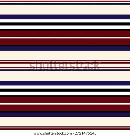 Classical nautical seamless pattern with horizontal stripes in maroon red, navy blue, and cream. Elegant retro textile and wallpaper background design.