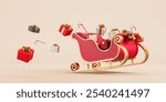 Classical red santa sleigh with gift boxes and candy canes falling, beige background. Concept of new year celebration, presents and holiday sale. 3D rendering illustration 