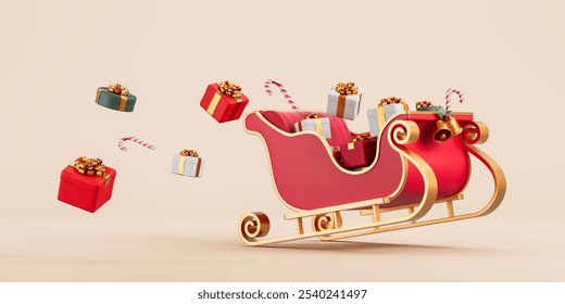 Classical red santa sleigh with gift boxes and candy canes falling, beige background. Concept of new year celebration, presents and holiday sale. 3D rendering illustration  - Powered by Shutterstock