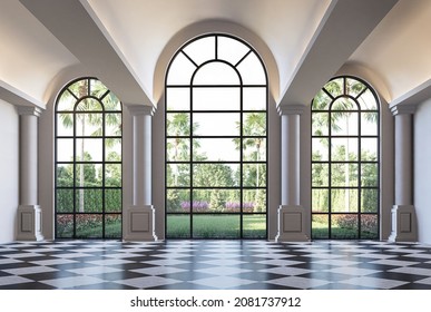 Classical style empty room interior with garden view 3d render