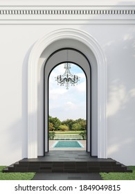 Classical style swimming pool gate with nature view background 3d render, There are arch shape hall and black granite floor decorate with glass chandelier over looking pool terrace and garden. 
