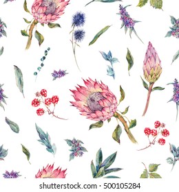Classical vintage floral seamless pattern, watercolor bouquet of roses, protea, stachys, thistles, blackberries and wildflowers, botanical natural watercolor illustration on white background