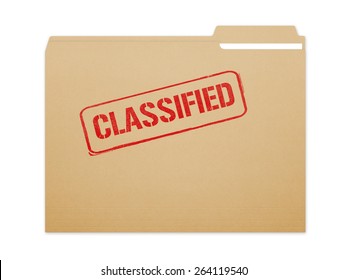 Classified brown folder file with paper showing with a lot of copy space. Isolated on a white background with clipping path.
