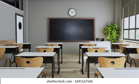 Classroom design with modern desks, seats, blackboard, watch and door 3D rendering 