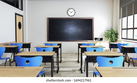 Classroom Design With Modern Desks, Seats, Blackboard, Watch And Door 3D Rendering 