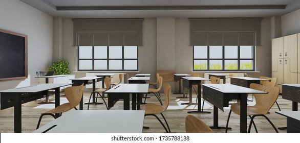 Classroom Design With Modern Desks, Seats, Blackboard, Watch And Door Side View 3D Rendering 