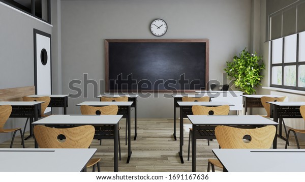Classroom design with modern desks, seats,\
blackboard, watch and door 3D rendering\

