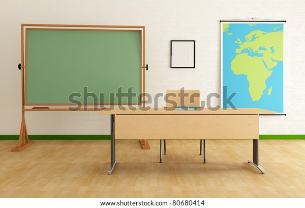 Classroom Desk Green Blackboard Map Rendering Stock Illustration