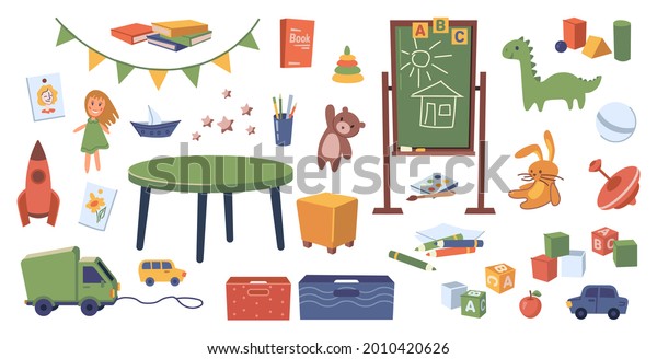 Classroom\
of kindergarten interior design elements set. Isolated furniture\
and toys, chalkboard and table, trucks and dolls, colorful flags\
and cubes with educational books. Flat\
cartoon