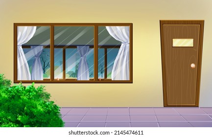 The Classroom Seen From The Outside With Lobby, Door, Window, Curtain, Bush, Art, Cartoon, Illustration, Background