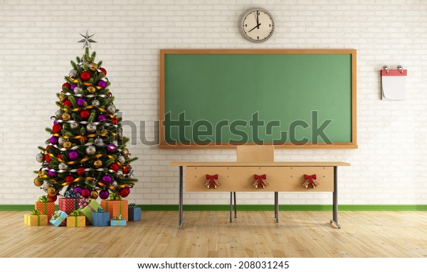 Classroom Without Student Christmas Tree Decoration Stock