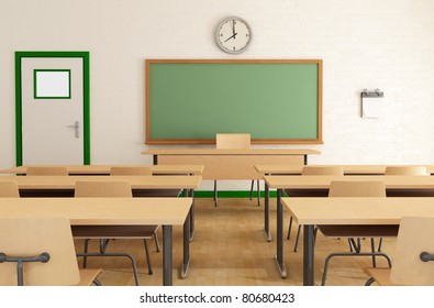 classroom without student with wooden furniture and green blackboard on brick-wall-rendering