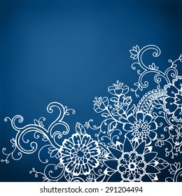 Classy White Border Design Of Abstract Flowers And Lace On A Deep Blue Background.