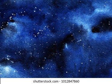 A Clastic Starry Night Sky. Clouds, A Deep Space Of Black And Blue Flowers With A Spray Of White Stars. Drawing With Watercolor.