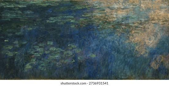 Claude Monet's Reflections of Clouds on the Water-Lily Pond (1920). Famous painting by Claude Monet, vintage art illustration. Vintage artwork by Claude Monet.