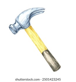 Claw hammer with a metallic head and a wooden handle in a traditional design. Watercolor clipart of the workshop tool. Ideal for woodworking designs, instructional materials, or carpentry branding - Powered by Shutterstock