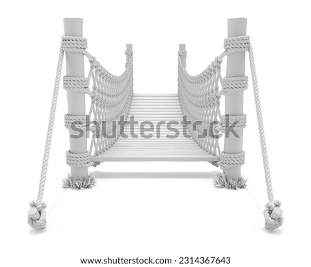 Clay render of front view of rope suspension bridge on white background - 3D illustration