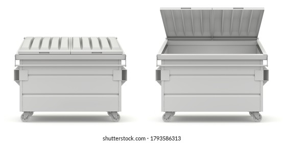 Clay Render Of Open And Closed Green Dumpster - 3D Illustration