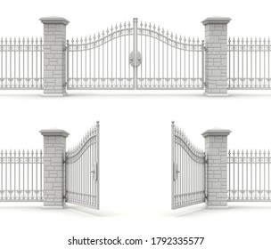 Clay Render Of Open And Closed Iron Gate - 3D Illustration