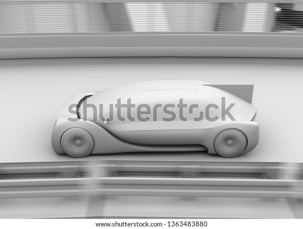 Clay rendering of autonomous electric\
car driving on highway. 3D rendering\
image.