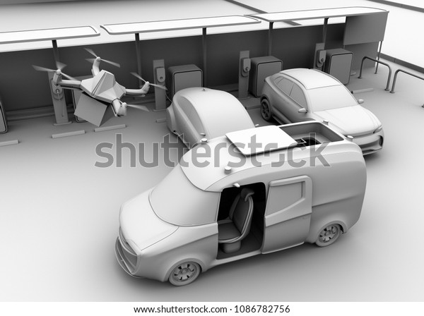 Clay rendering of\
delivery drone takes off from delivery van near parking lot. 3D\
rendering image.