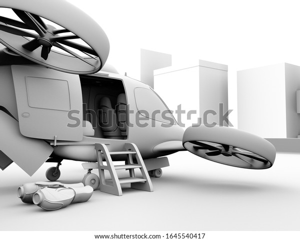 Clay rendering of flying car ( air taxi)\
parking on Drone Port.  3D rendering\
image.