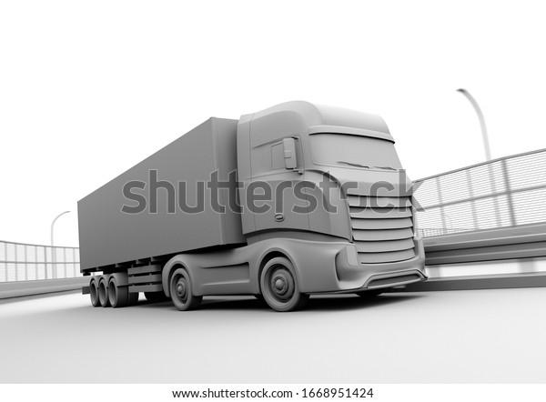 Clay rendering of generic design\
Electric Truck driving on the highway. 3D rendering\
image.