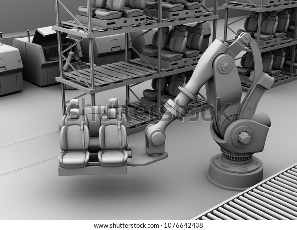 Clay\
rendering of heavyweight robotic arm carrying car seats in car\
assembly production line. 3D rendering\
image.