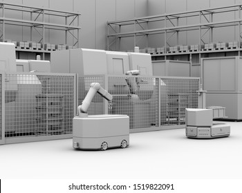 Clay Rendering Of Mobile Robots And CNC Machines Equipped With Robots In Smart Factory. 3D Rendering Image.