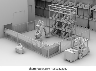 Clay Rendering Of Mobile Robots, Heavy Payload Robot Cell And CNC Machines In Smart Factory. 3D Rendering Image.