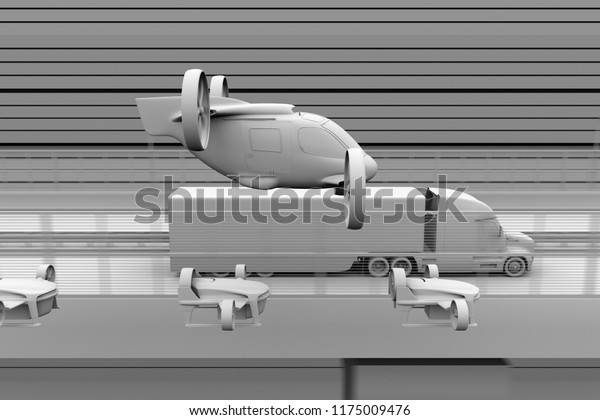 Clay rendering of Passenger Drone Taxi, fleet of\
delivery drones flying along with truck driving on the highway. 3D\
rendering image.