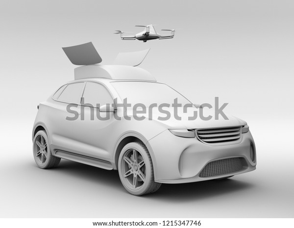 Clay rendering of quadcopter\
drone take off from orange electric rescue SUV. 3D rendering\
image.