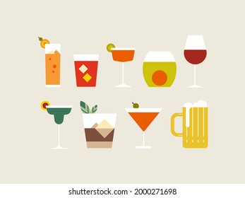 Clcktail Drinks Wallpaper.  Variety Of Alchoholic And Non Alcoholic Cocktails, Drinks In Glasses. Bar Drinks Illustration.