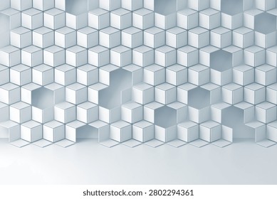 Clean 3d render showing a tessellated field of white cubes forming hexagonal arrangements with subtle shading and depth, suited for geometric backgrounds, banners, and product displays.