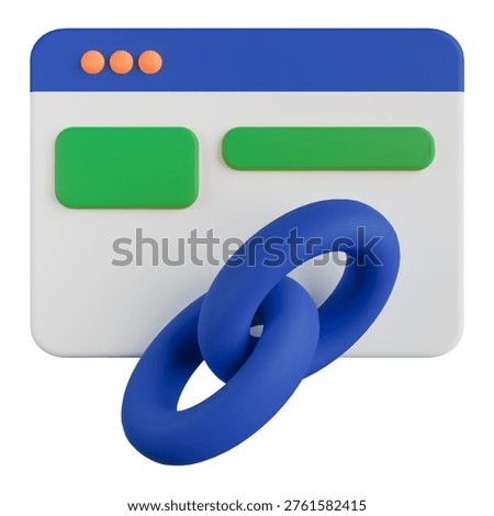 A clean 3D rendering representing website connectivity and linking, featuring a stylized browser window with interactive elements and a prominent blue chain link symbol. Ideal for digital marketing, web design, and technology concepts.