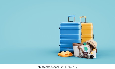 A clean 3D rendering of vibrant blue and yellow suitcases with travel essentials on a light blue background. Ideal for travel and vacation themes. 3d, rendering, illustration.
